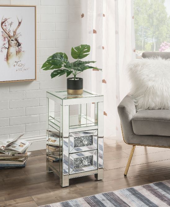 Noralie - 24" Accent Table - Clear Glass, Mirrored & Faux Diamonds
