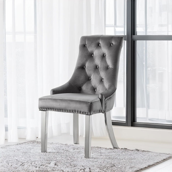 Satinka - Side Chair (Set of 2) - Gray Fabric & Mirrored Silver