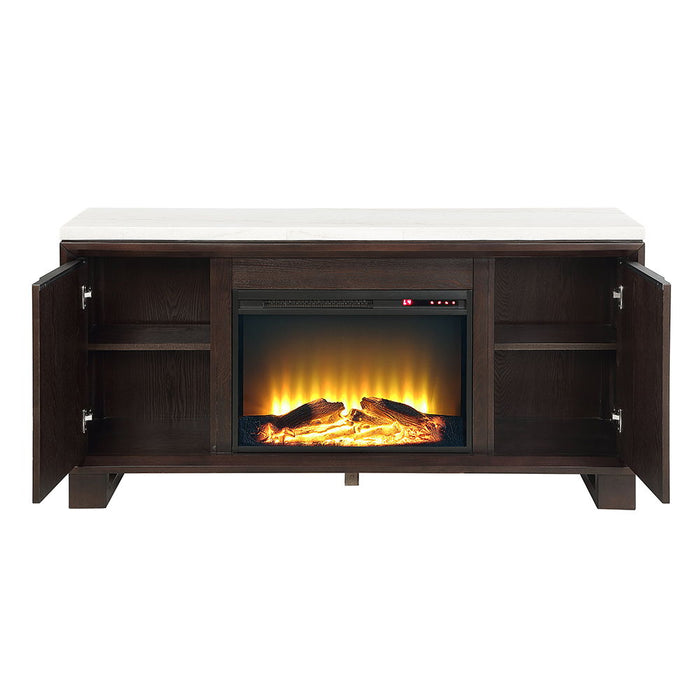 Edwyn - Server With Fireplace - Natural Marble Top & Espresso