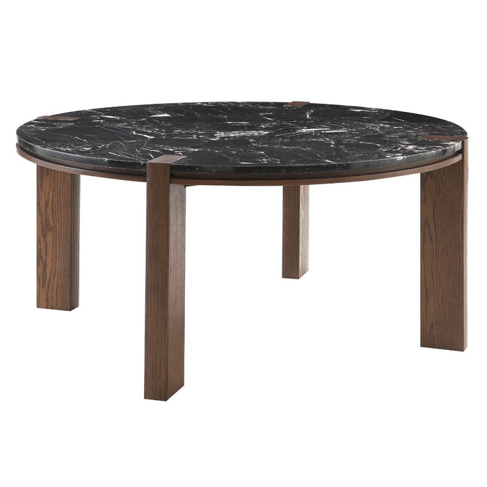 Estella - Round Dining Table With Natural Marble Top - Black Top & Walnut