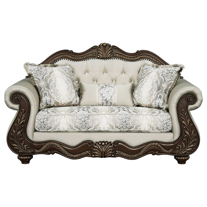 Pierce - Loveseat With 3 Pillows - Beige Fabric & Cherry