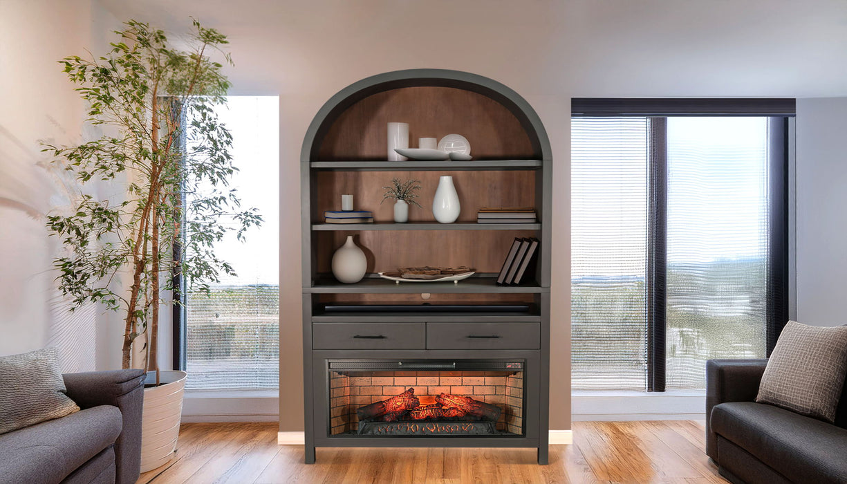Arched Display Cabinet With Log-Style Electric Fireplace - Urban Bronze