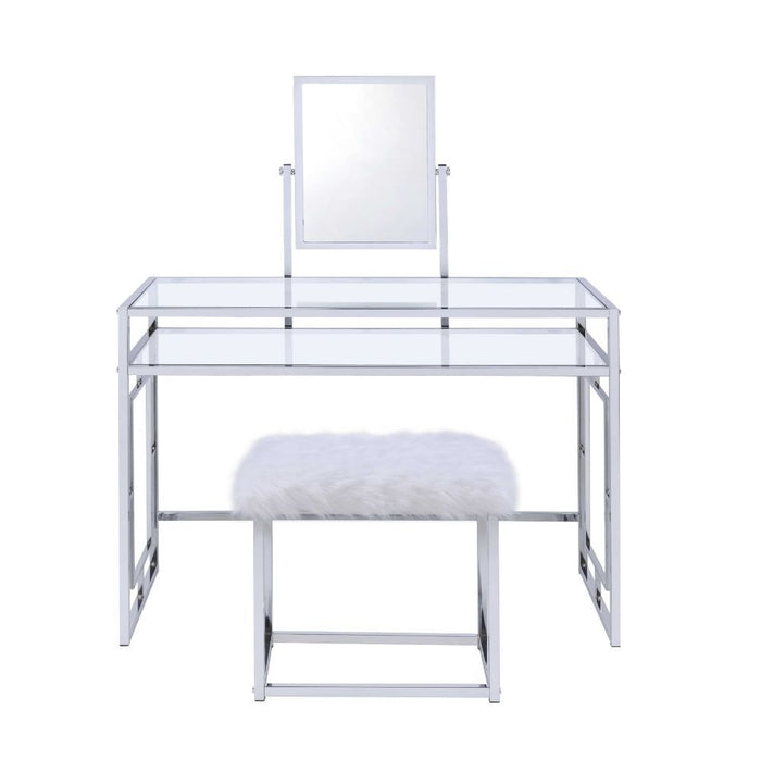 Carenze II - Vanity Set - White Faux Fur & Chrome