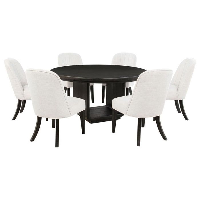 Leandro - 7 Piece Round Dining Table Set - Cream / Burnished Black