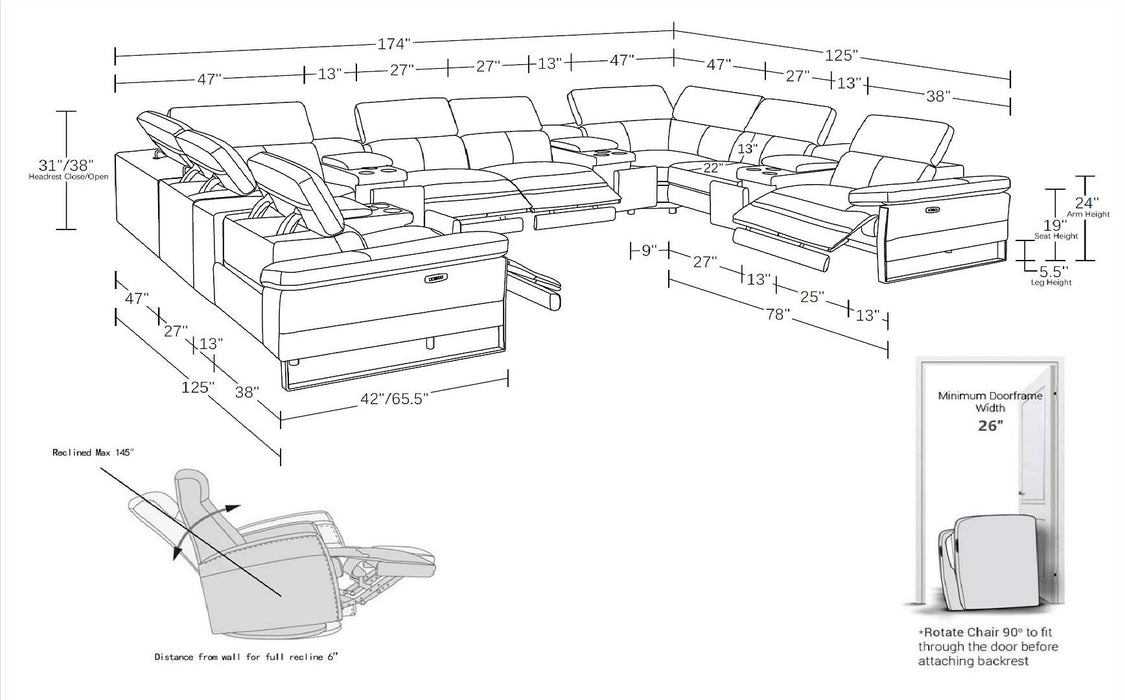 1246 - 12-Piece U-Shaped Modular Power Reclining Sectional With 4 Power Recliners And Power Headrests
