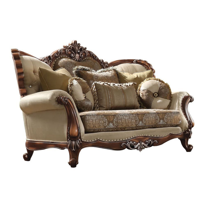 Latisha - Loveseat With 6 Pillows Same Lv01577) - Tan, Pattern Fabric & Antique Oak