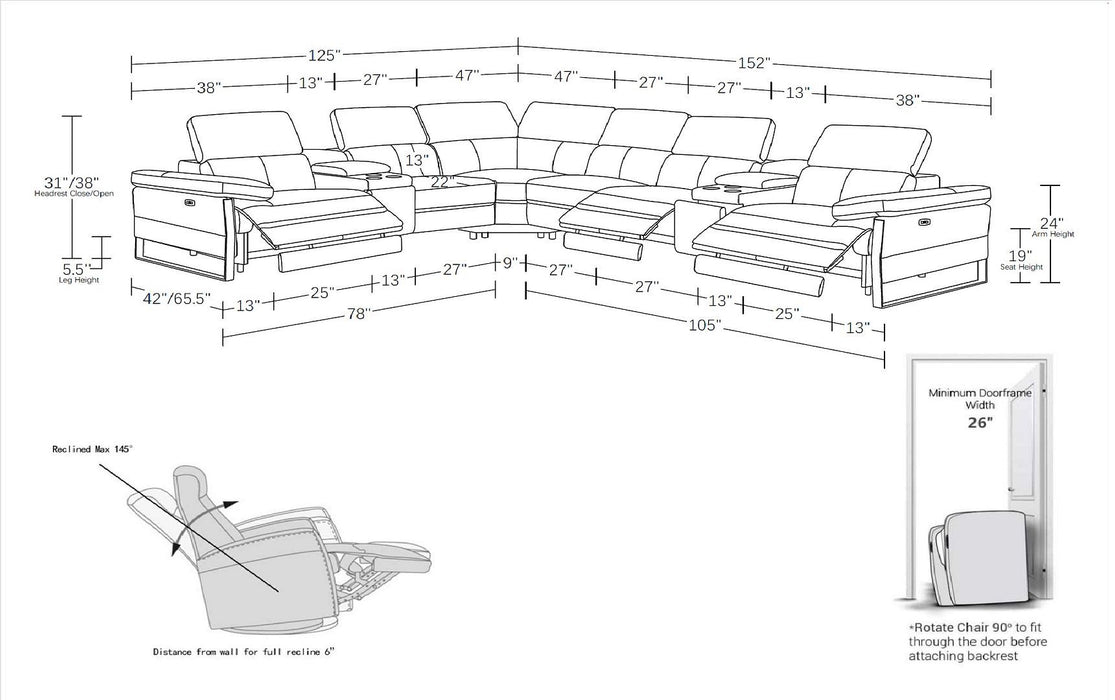 1246 - 8-Piece L-Shaped Modular Power Reclining Sectional With 3 Power Recliners And Power Headrests