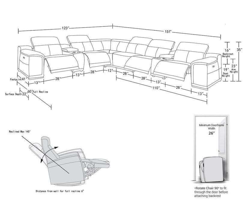 2679 - 8-Piece L-Shaped Power Reclining Sectional In Genuine Leather (3 Recliners)