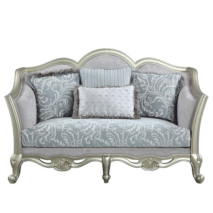 Qunsia - Loveseat With 4 Pillows - Light Gray Linen & Champagne