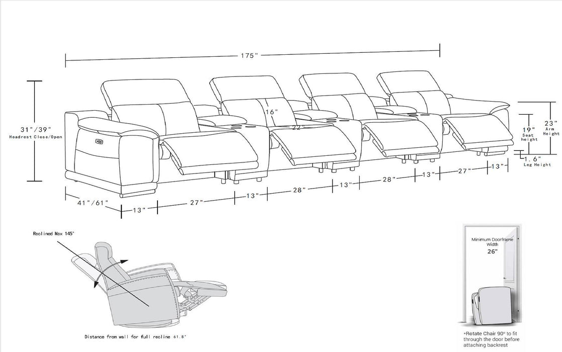 9762 - 7-Piece Italian Top Grain Leather Power Reclining Sofa With 4 Power Recliners - Beige