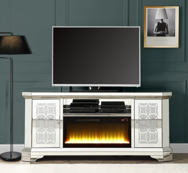 Noralie - TV Stand With Fireplace - Mirrored & Faux Diamonds