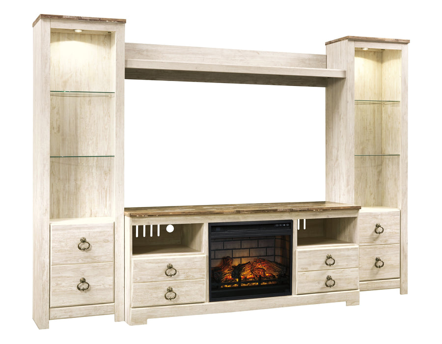 Willowton - Entertainment Center - TV Stand With Faux Firebrick Fireplace Insert - Whitewash