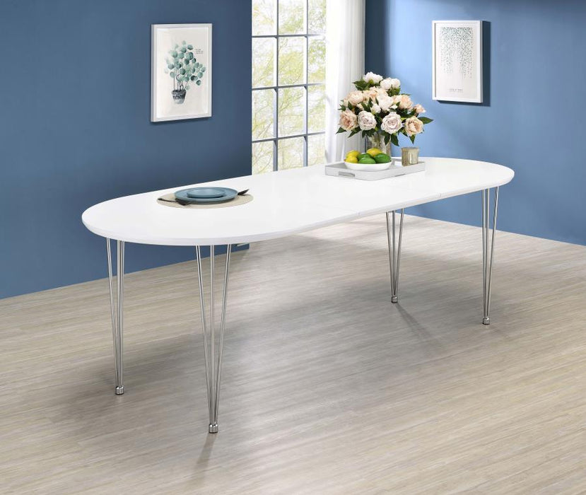 Heather - Oval Dining Table With Hairpin Legs - Matte White and Chrome