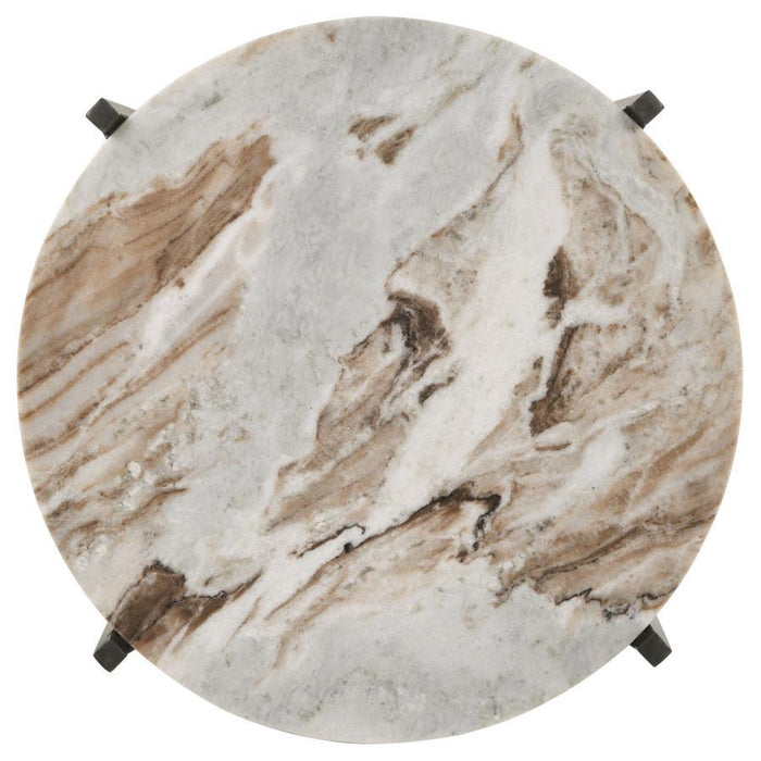 Noemie - Round Accent Table With Marble Top - White And Gunmetal