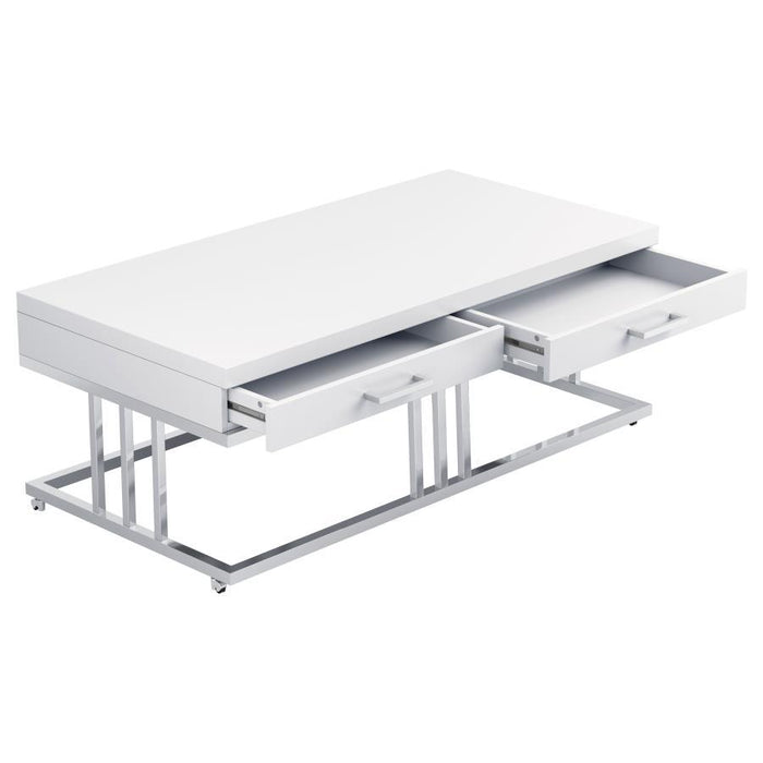 Dalya - 2-Drawer Rectangular Coffee Table - Glossy White and Chrome