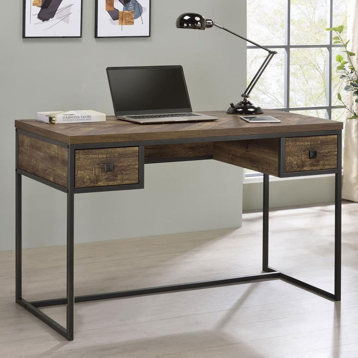 Millbrook - 2-Drawer Writing Desk - Rustic Oak Herringbone and Gunmetal